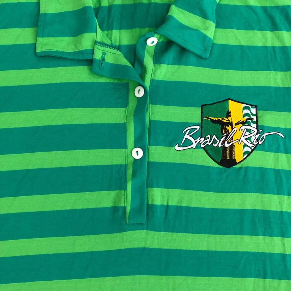 Brasil Rio Striped Collared Green Patch Polo Shir… - image 2